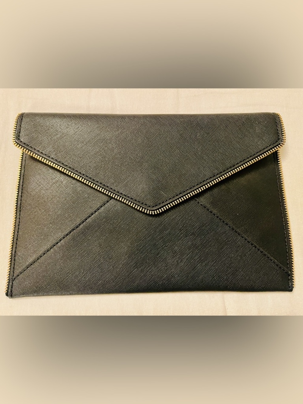 Rebecca Minkoff Black Leather Envelope Clutch with Gold Logo